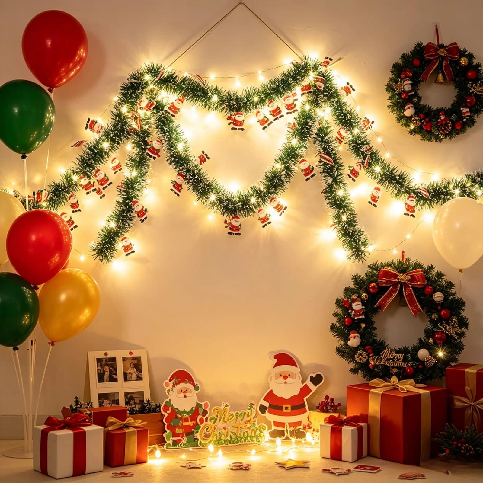 Warm White LED Tinsel Garland with Santa Figures