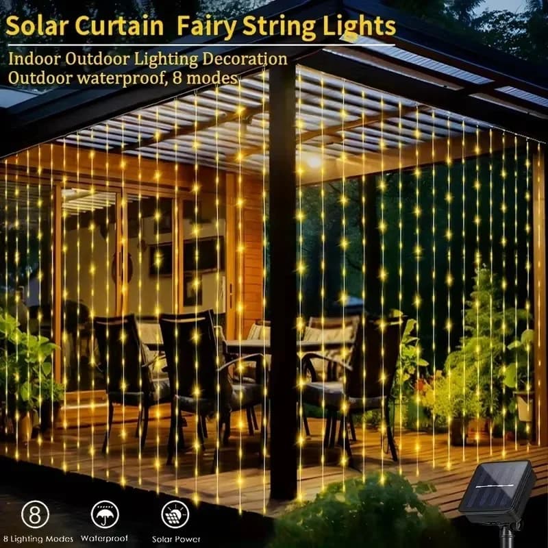 Outdoor Solar Curtain String Lights, 8 Modes