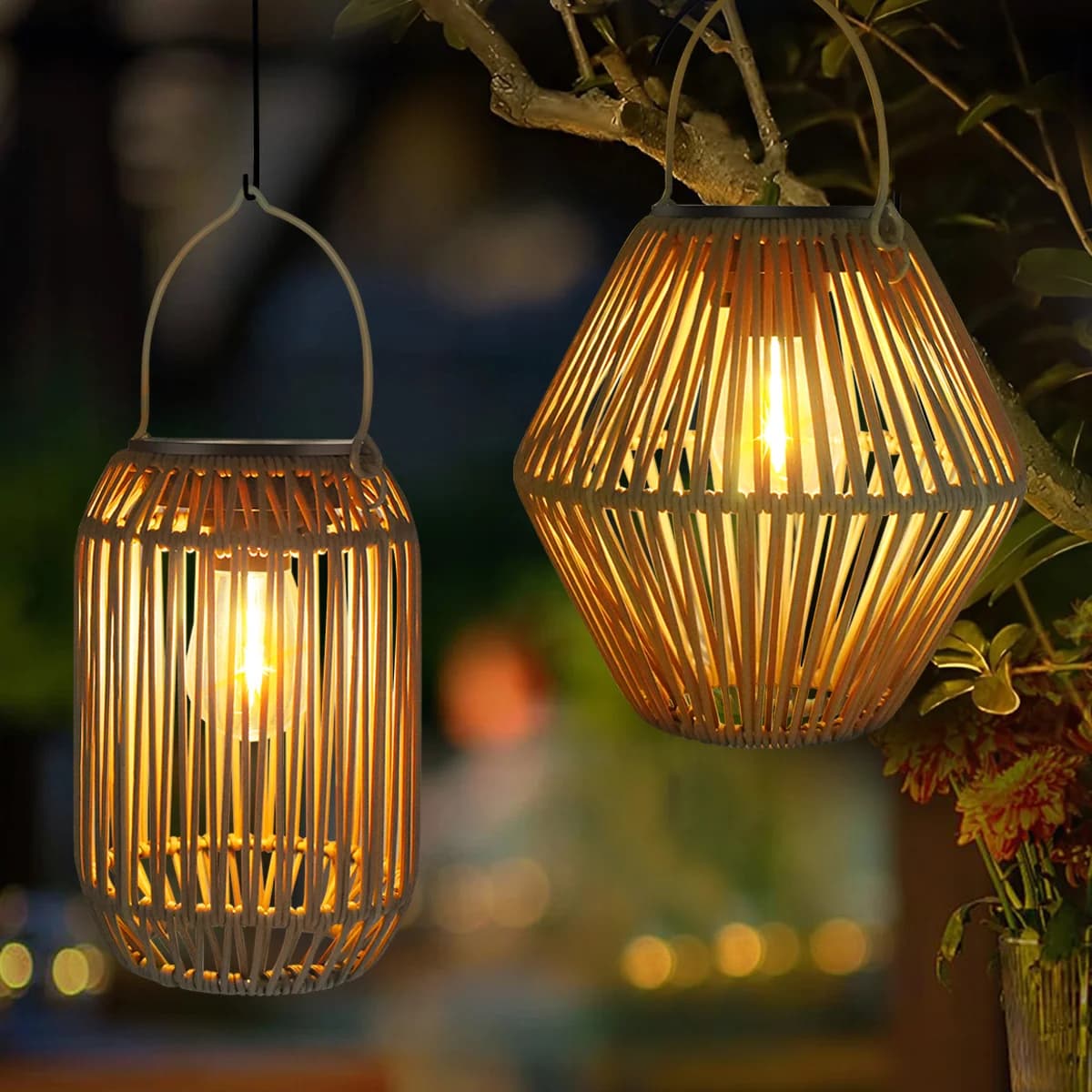 Handmade Rattan Wicker Hanging Solar Lantern, Warm White