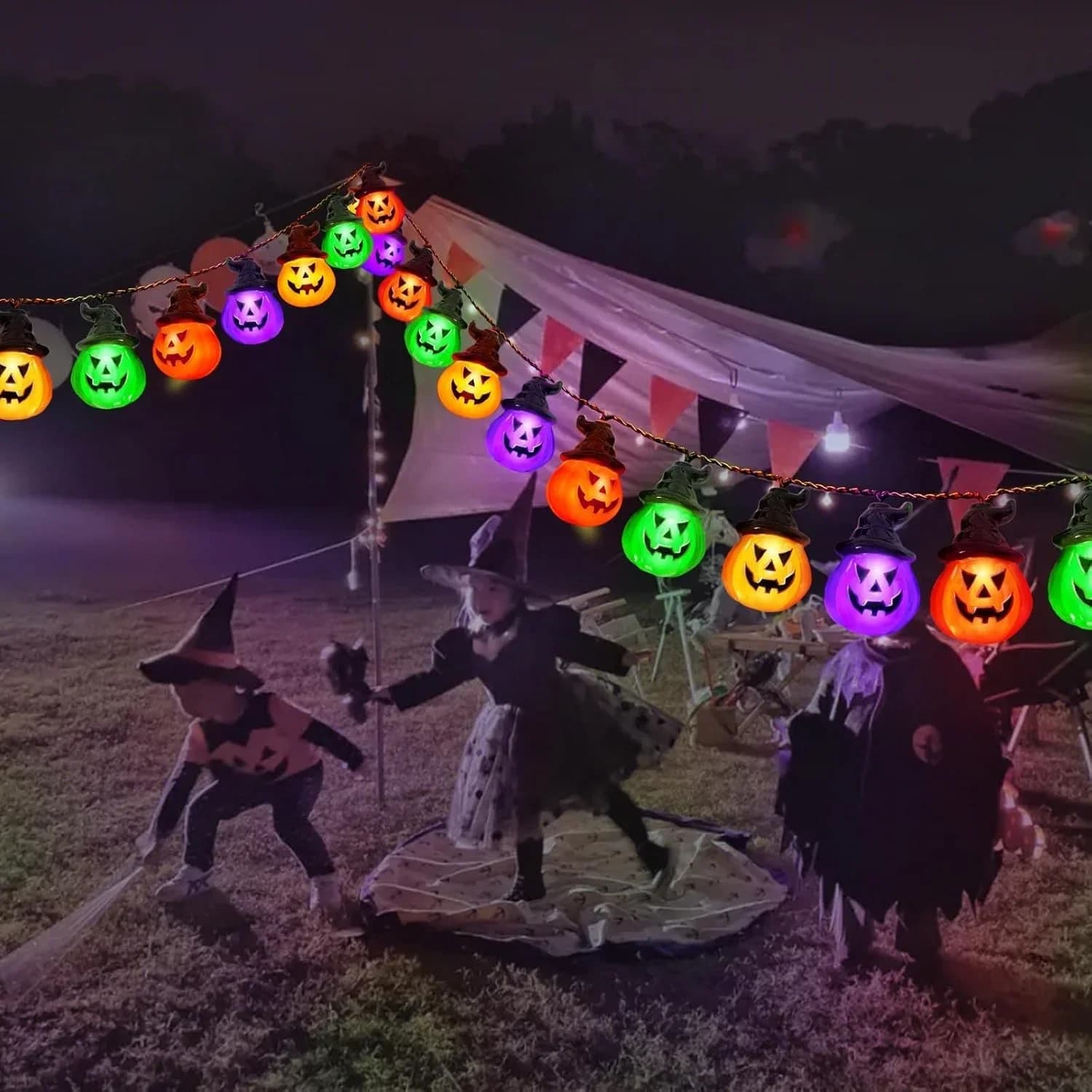 Multicolor Faceted LED Pumpkin Light with Witch Hats and Ghosts