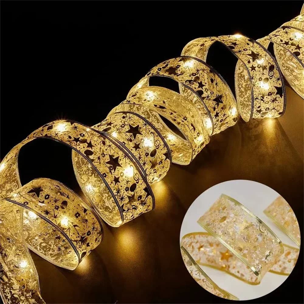 Gold Satin Double Layer LED Christmas Ribbon Lights