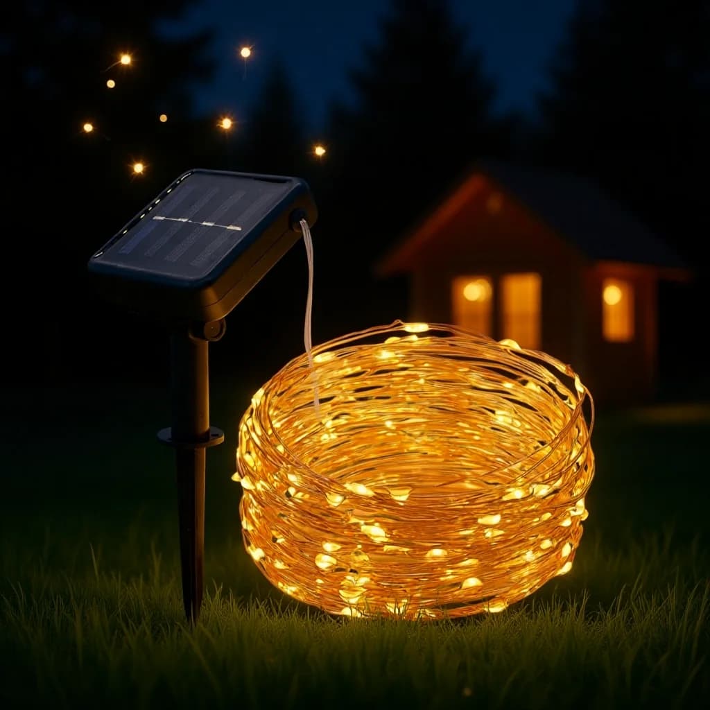 Solar Powered Warm White LED String Lights, Copper Wire
