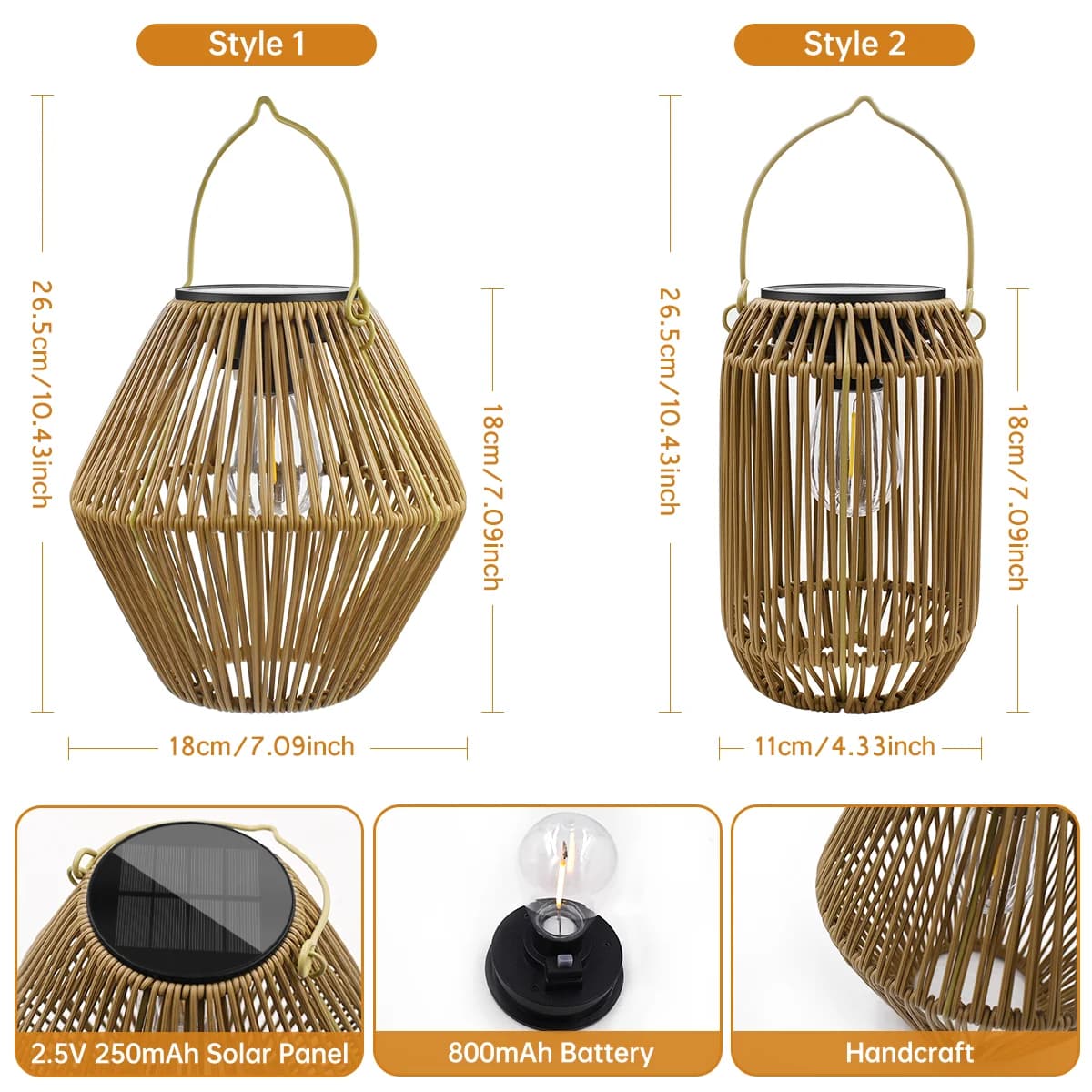 Handmade Rattan Wicker Hanging Solar Lantern, Warm White
