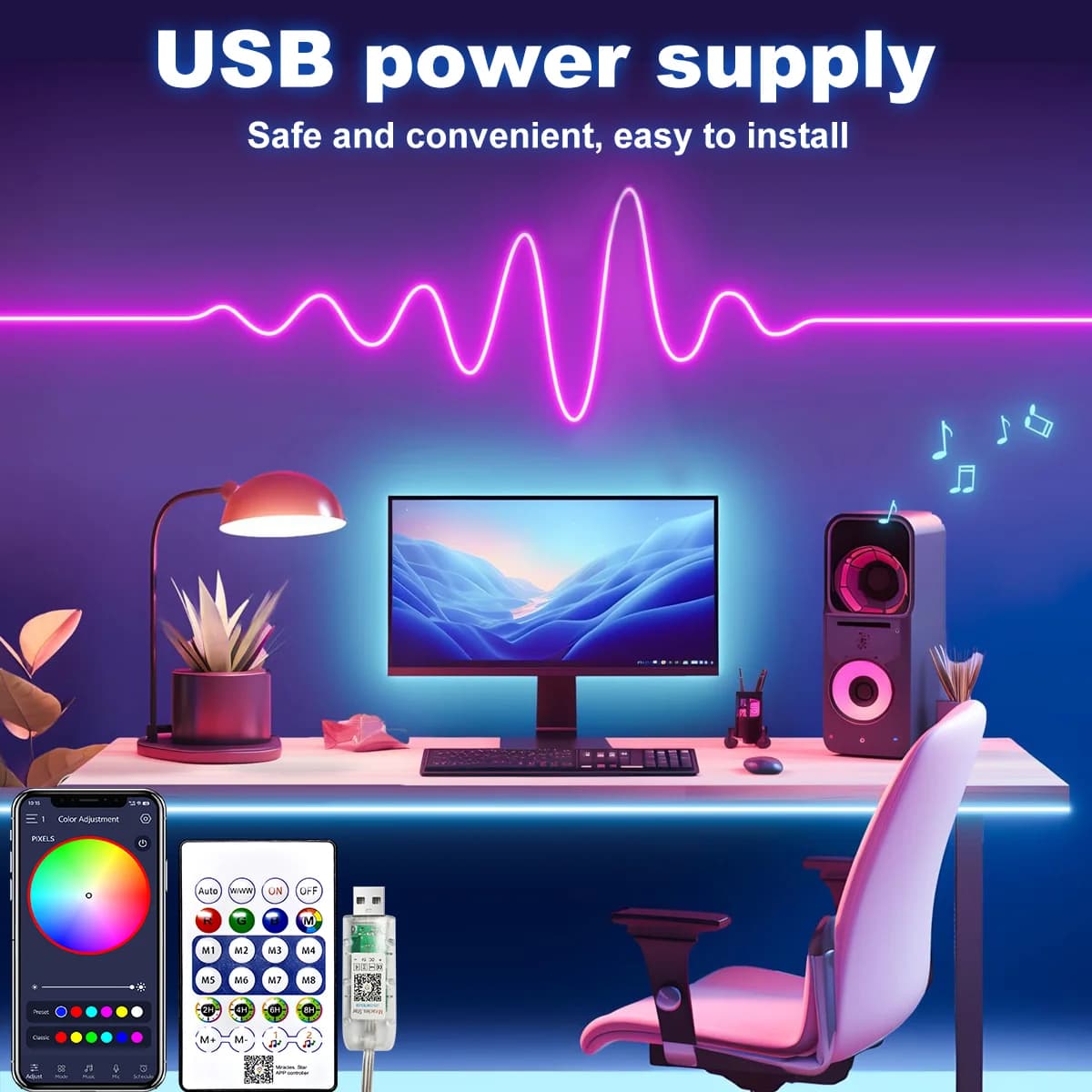 USB Iridescent Neon Strip Light with Bluetooth Remote