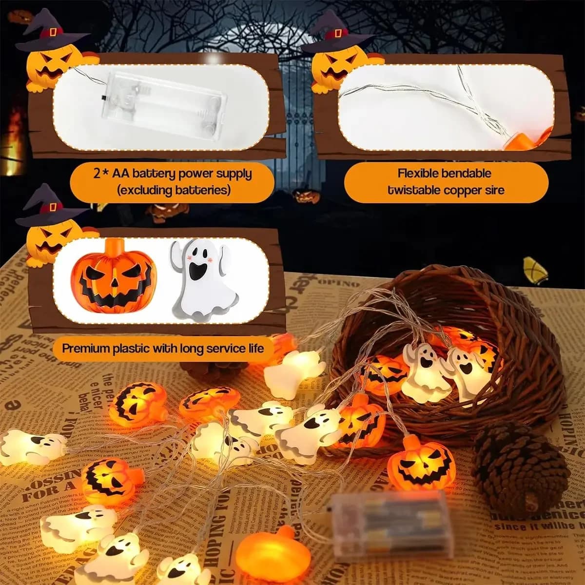 Battery Operated Ghost and Pumpkin Halloween LED String Lights