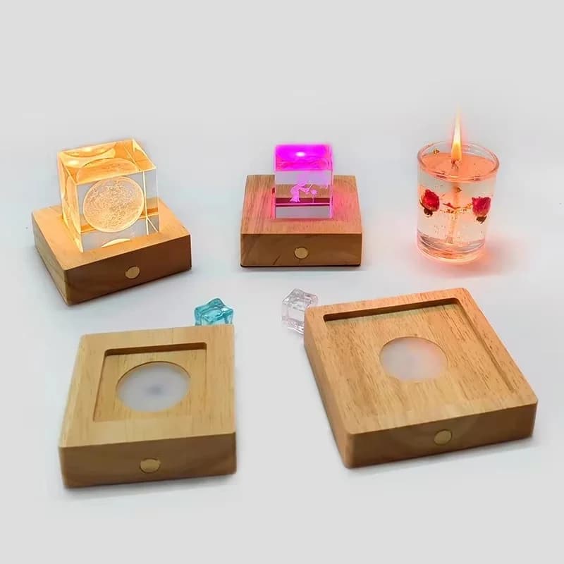 Wood Square USB Rechargeable LED Lamp Base for Crystals