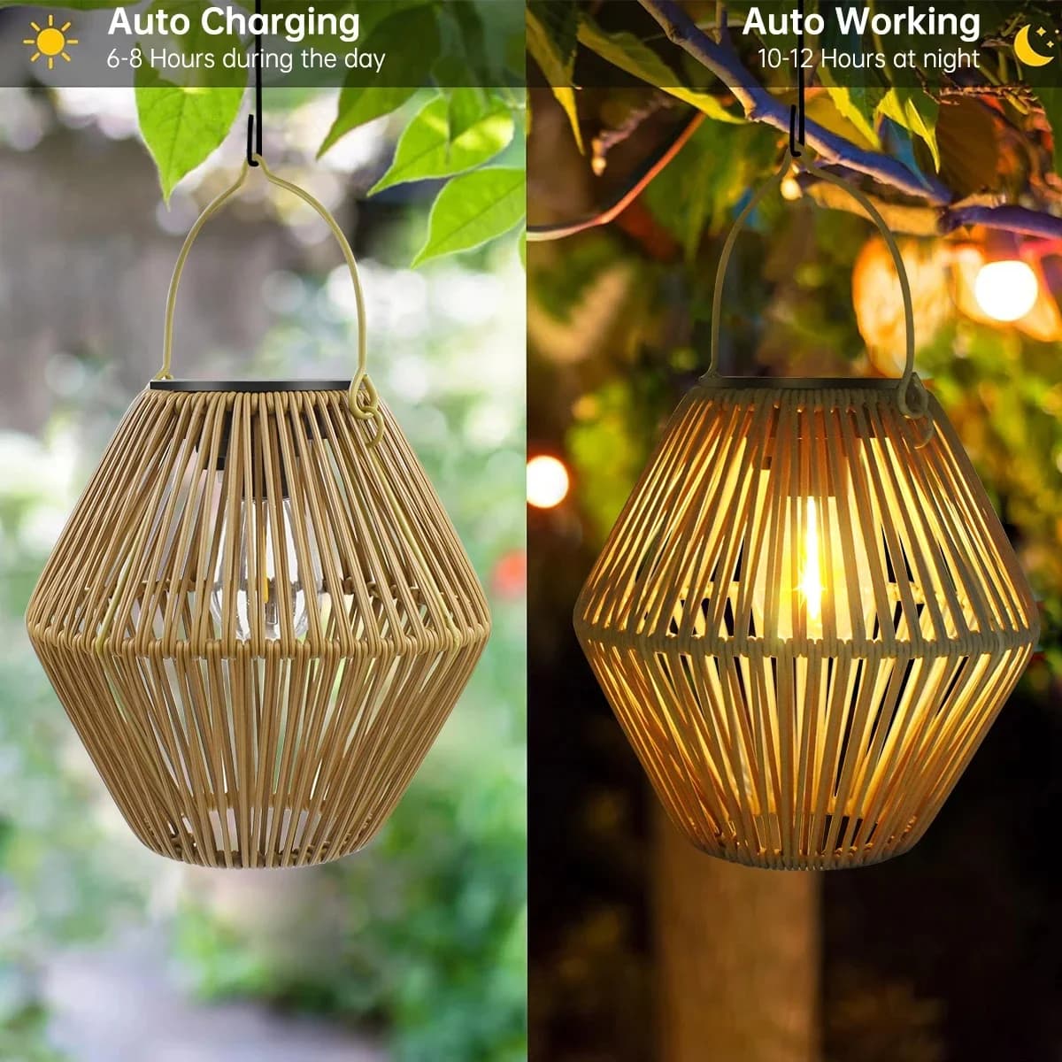 Handmade Rattan Solar Lantern, Warm White