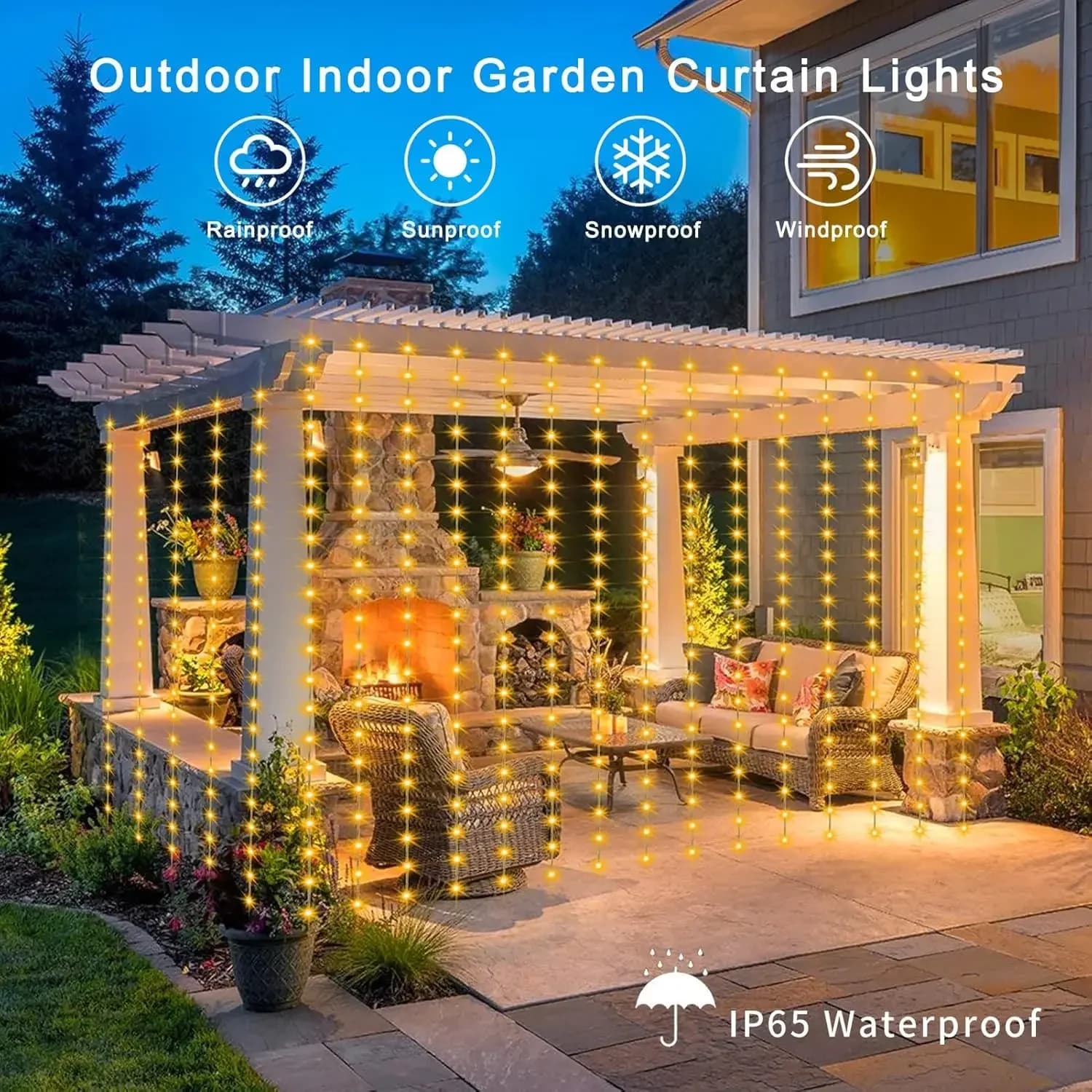 Warm White Solar Copper Wire Curtain LED String Lights