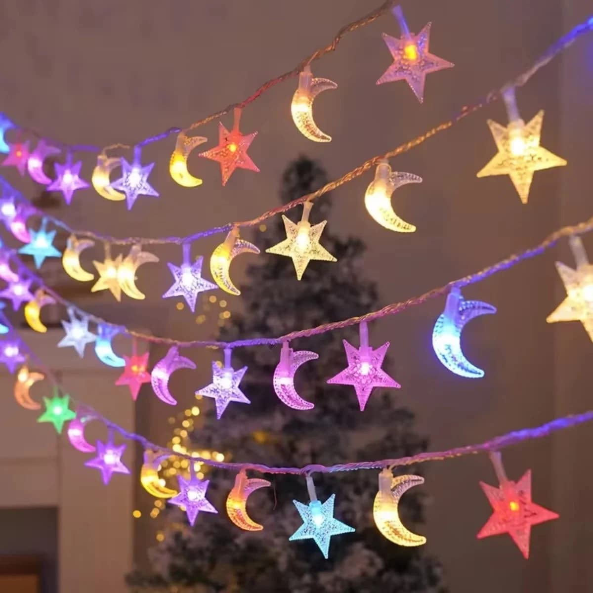 Battery Operated Star Moon String Lights, Multicolor LED