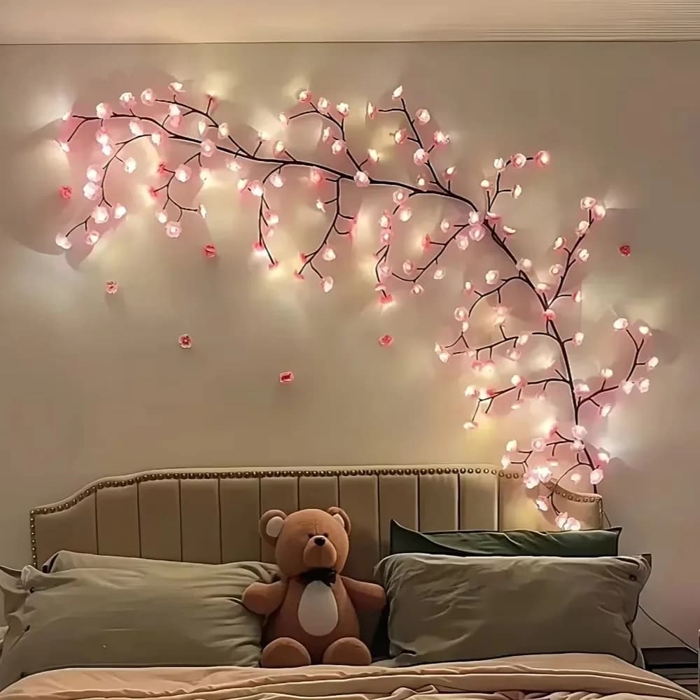 Pink Cherry Blossom Garland Wall Light, USB Plug-In
