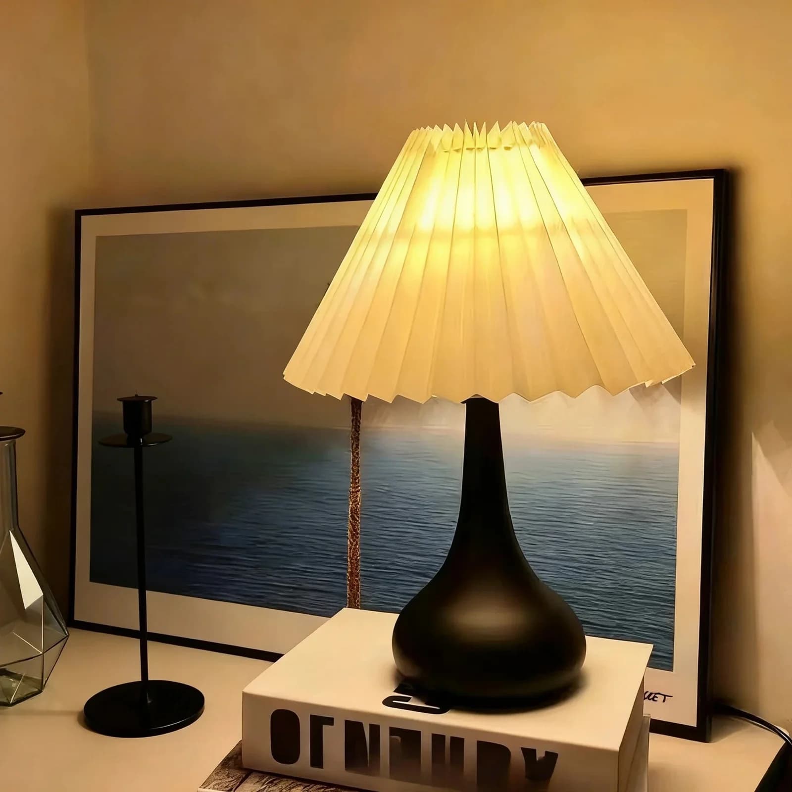 Wrought Iron Table Lamp with Pleated Fabric Shade