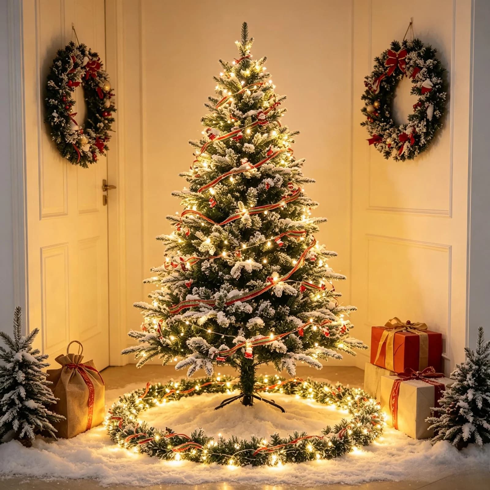 Warm White LED Fairy Lights with Christmas Tinsel and Santa Claus