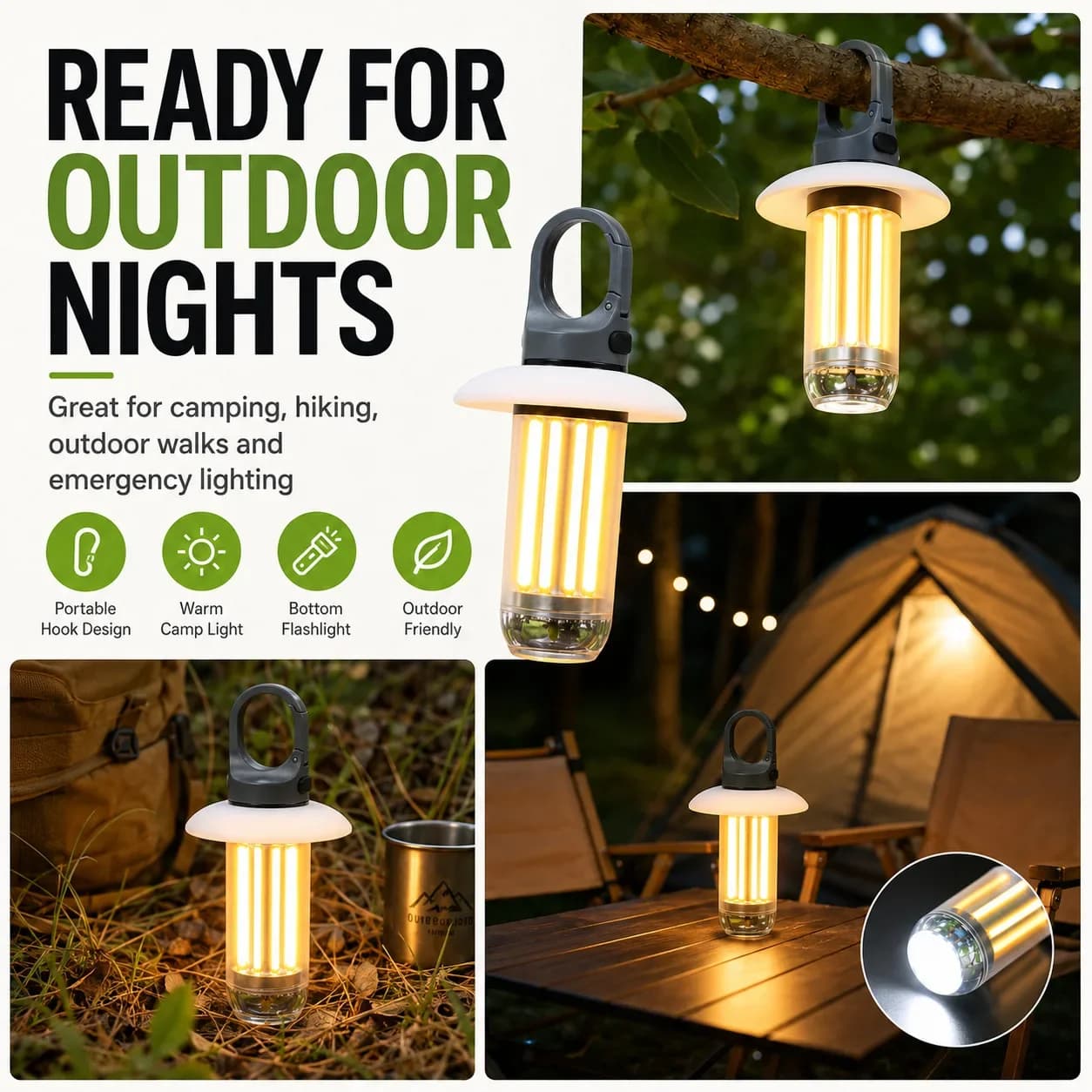 Rechargeable COB Lantern Flashlight, Dual Source with Hanging Hook for Camping